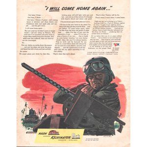 1944 Nash Kelvinator Vintage Print Ad WW2 Soldier Pacific Tank Gun Militaria Art